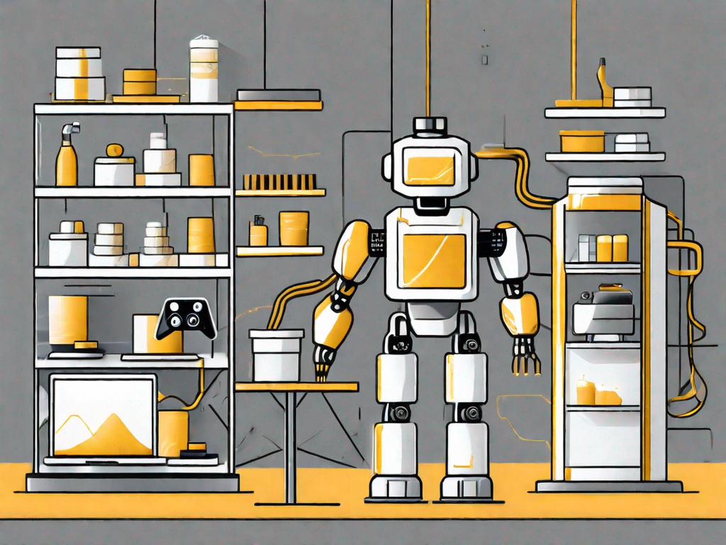A retail store with various ai-powered machines and devices performing maintenance tasks