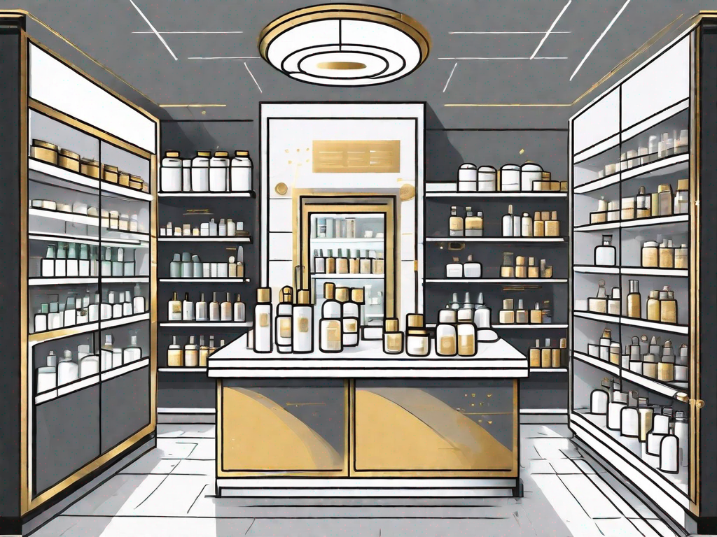 A modern pharmacy interior with various security features such as surveillance cameras