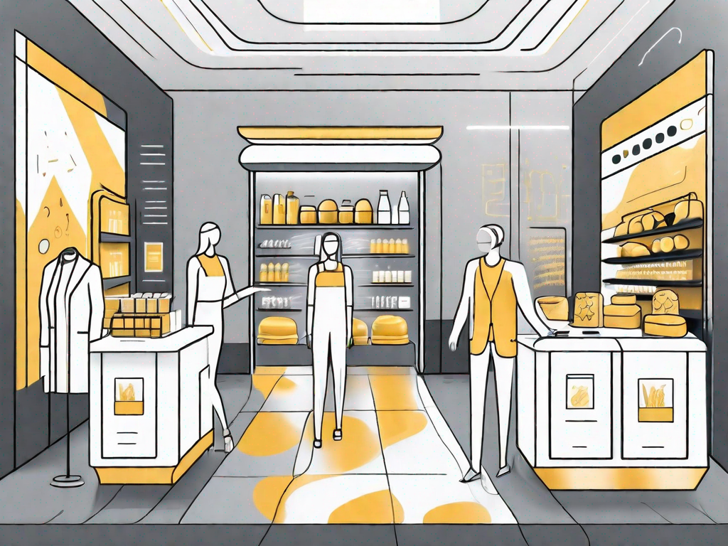 A futuristic retail store with ai-powered service tools like chatbots