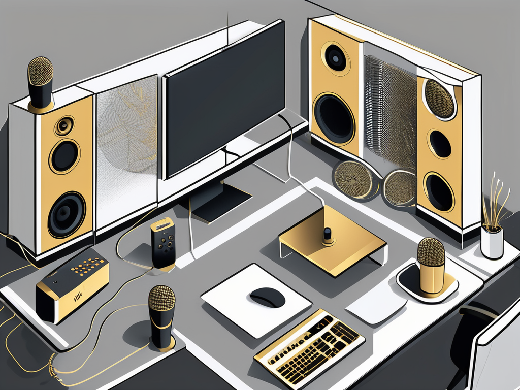 A modern office space featuring various av equipment like speakers