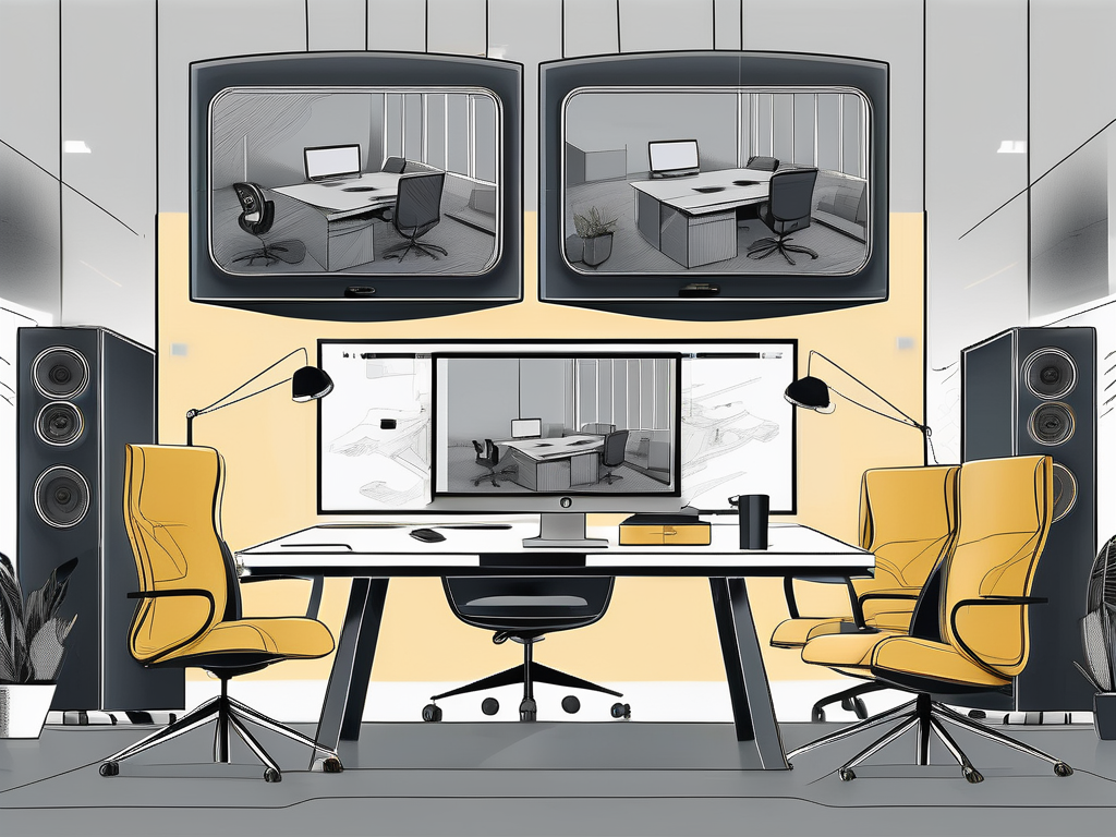 A modern office environment equipped with advanced audio-visual equipment such as large display screens