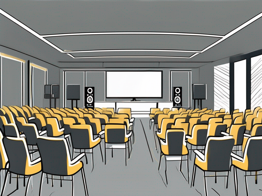A modern corporate training room filled with various audio-visual equipment like projectors