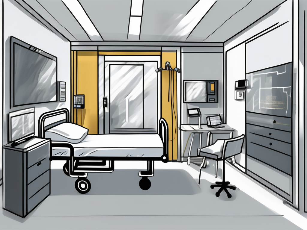 A hospital room equipped with advanced audio-visual technology and security systems