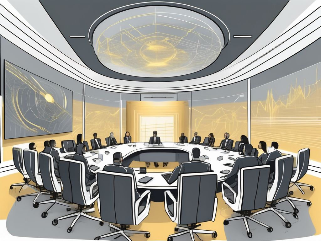 A futuristic conference room filled with advanced audiovisual equipment like holographic displays and sound systems
