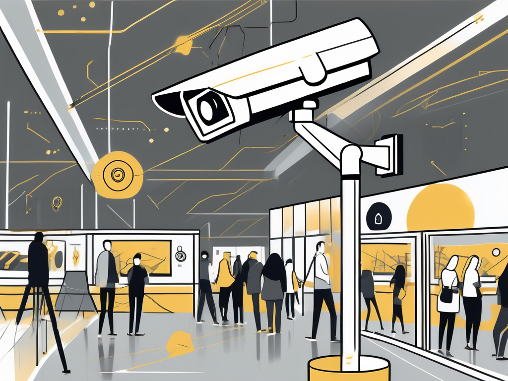 An ai-powered surveillance camera scanning a busy public space