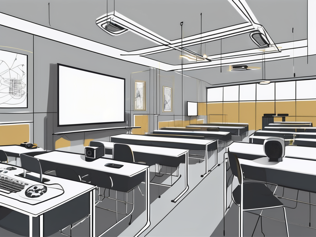 A modern classroom setting featuring various audio-visual systems such as projectors