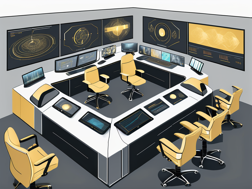 A futuristic control room with multiple screens displaying various advanced audio-visual technologies