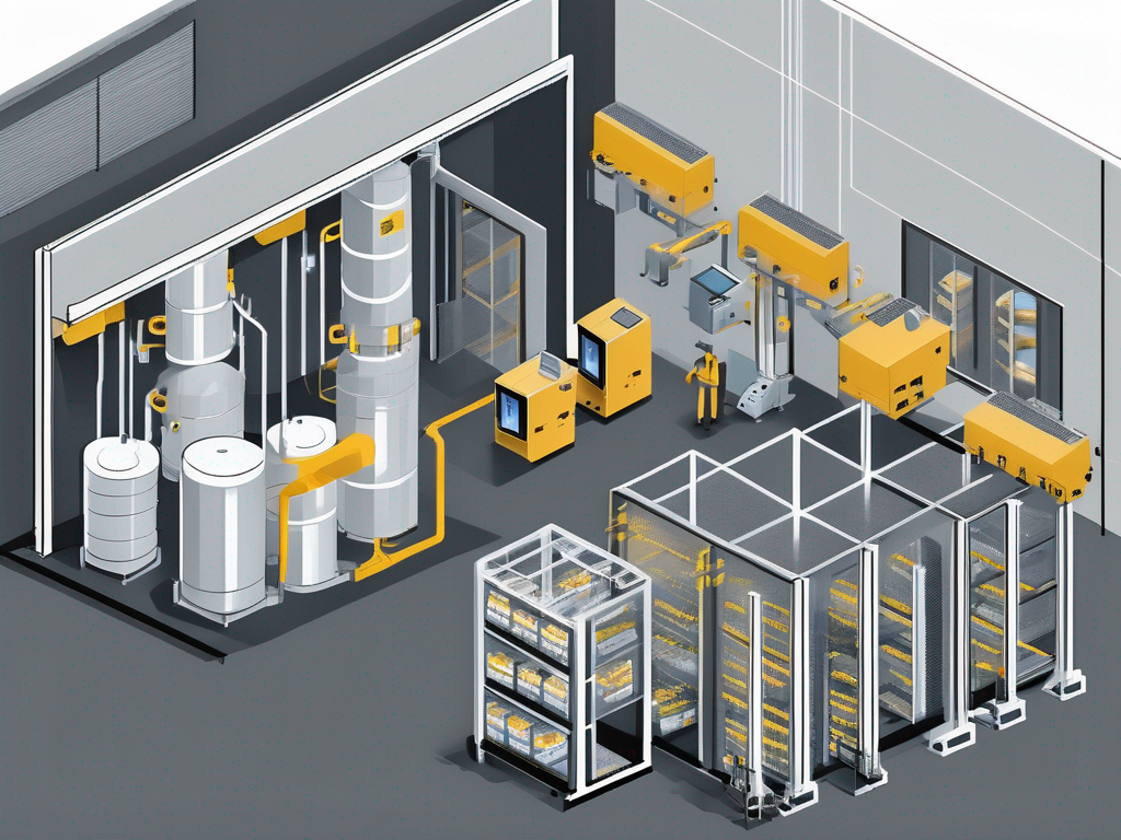 A high-tech surveillance system with multiple screens displaying various areas of a pharmaceutical warehouse