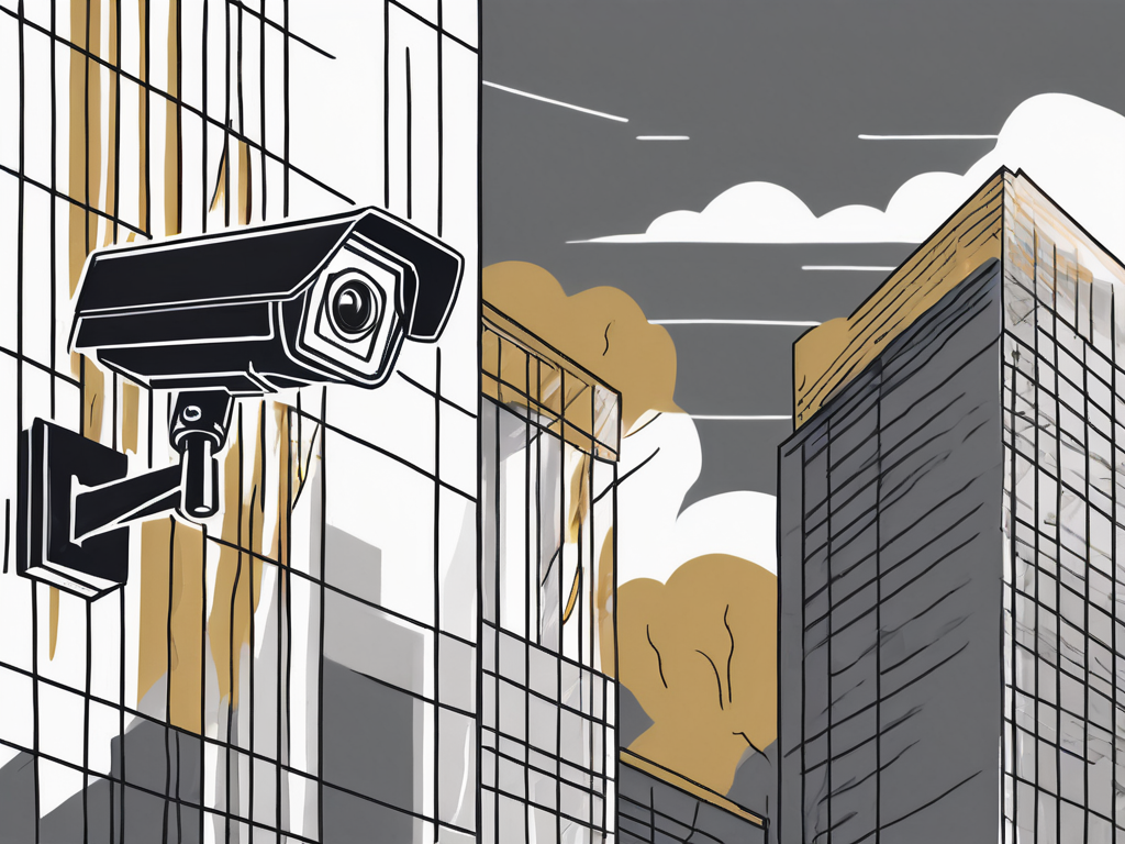 A cctv camera overlooking a stylized representation of an insurance office building