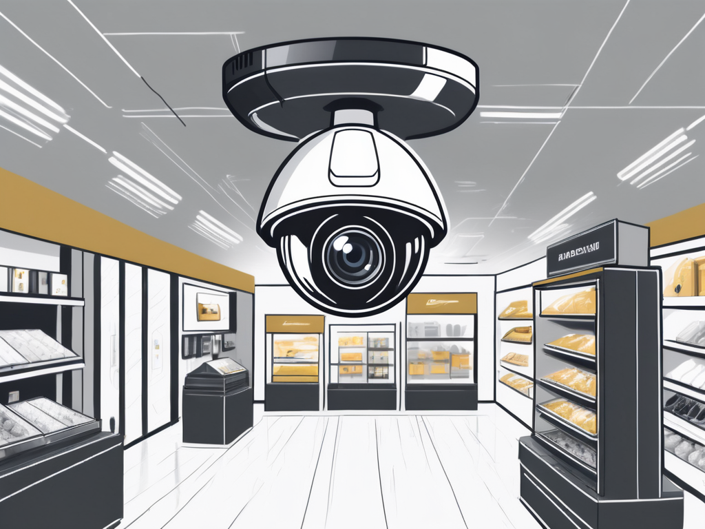 A modern video surveillance camera overlooking a retail store layout