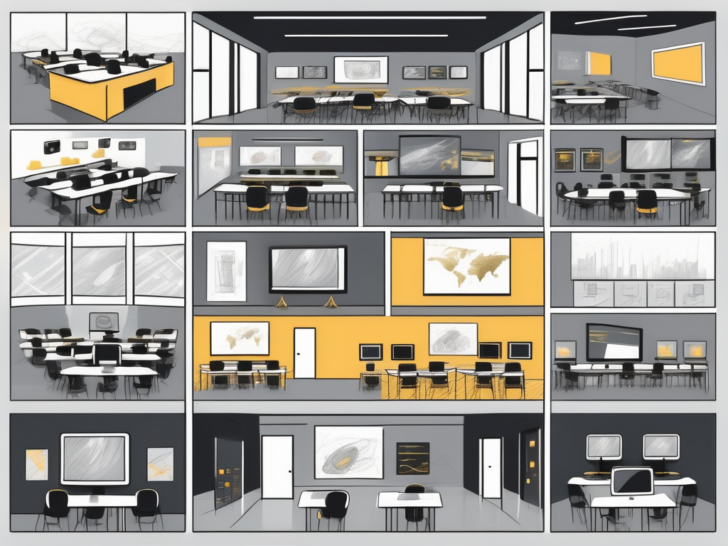 A modern classroom filled with advanced technology such as surveillance cameras