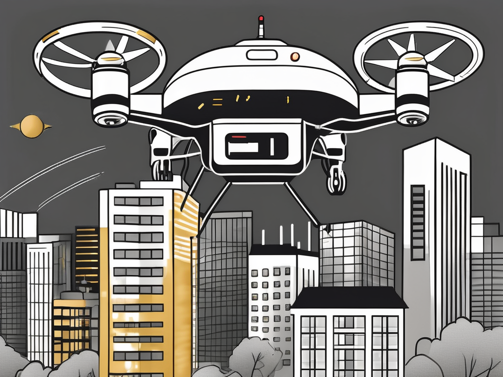 A drone (representing arcs - aerial robotic communication systems) flying over a cityscape