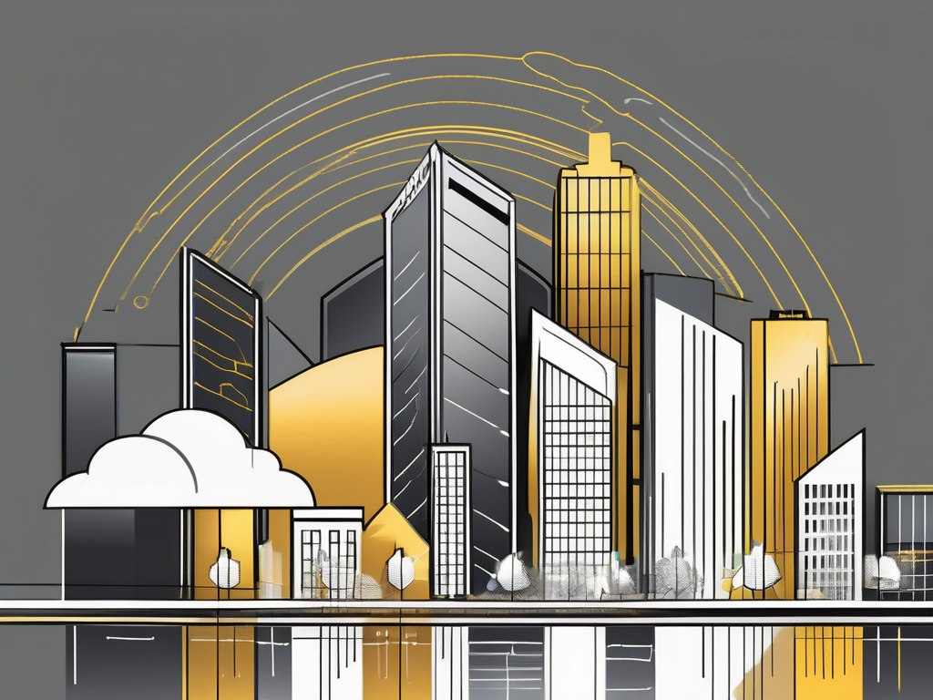 A cityscape with highlighted buildings representing bda (bi-directional amplifier) sites and symbolic elements such as waves or beams to show the connectivity and a shield symbol to represent public safety